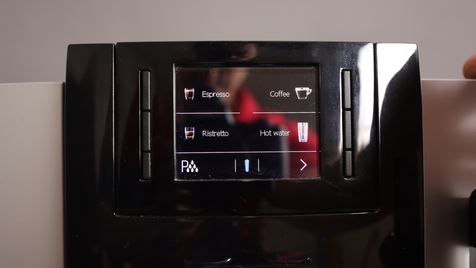 Coffee drink menu on the Jura E8 espresso machine, page 1