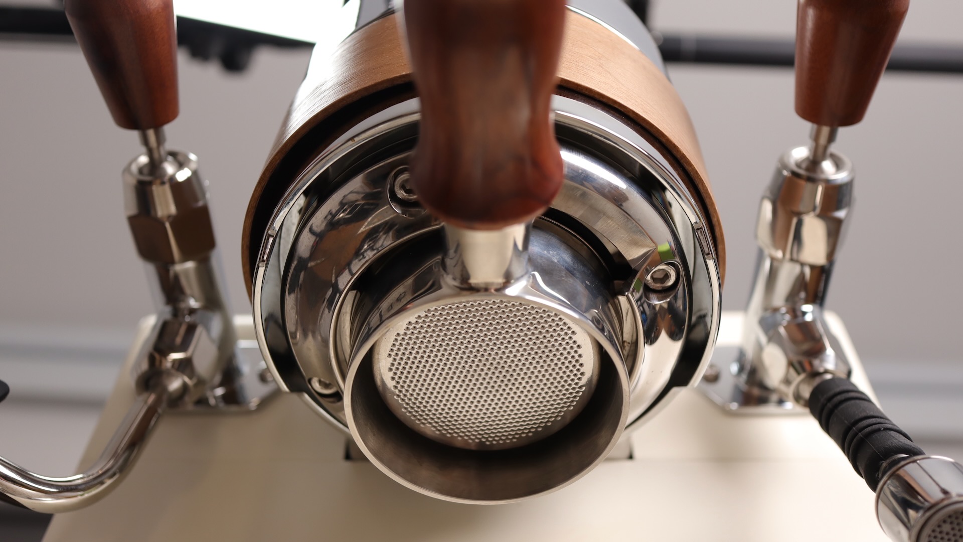 View of bottom of brew group on the Wendougee Data S espresso machine