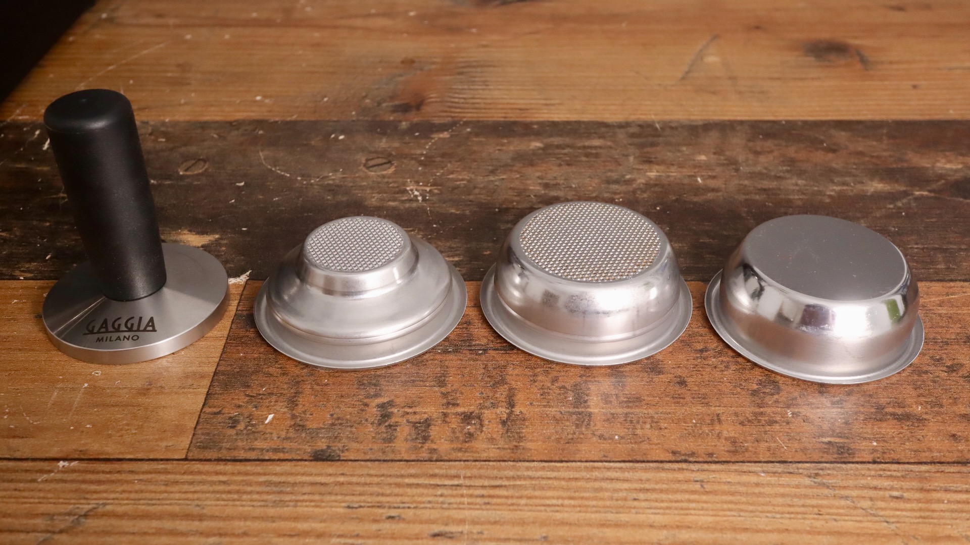 58.5mm tamper, single, double and blind baskets for Gaggia Classic Up