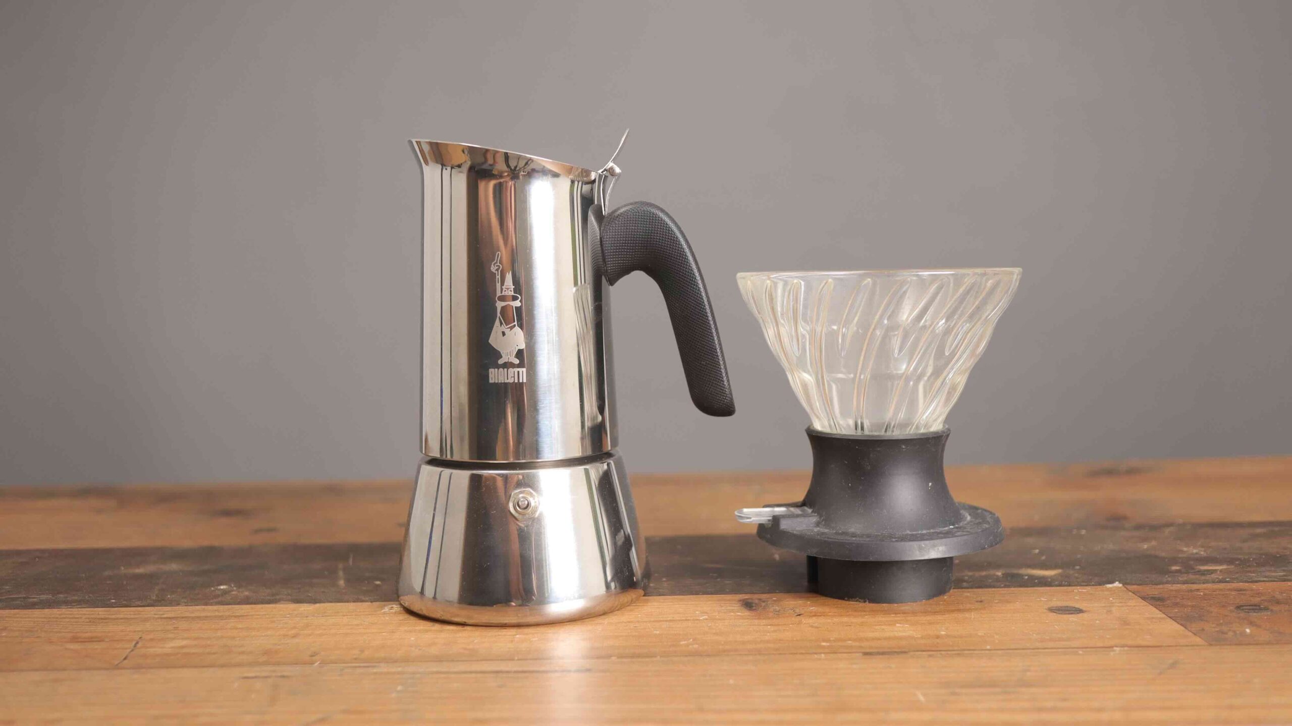 Two plastic free coffee makers, the Bialetti Venus, and Hario Switch