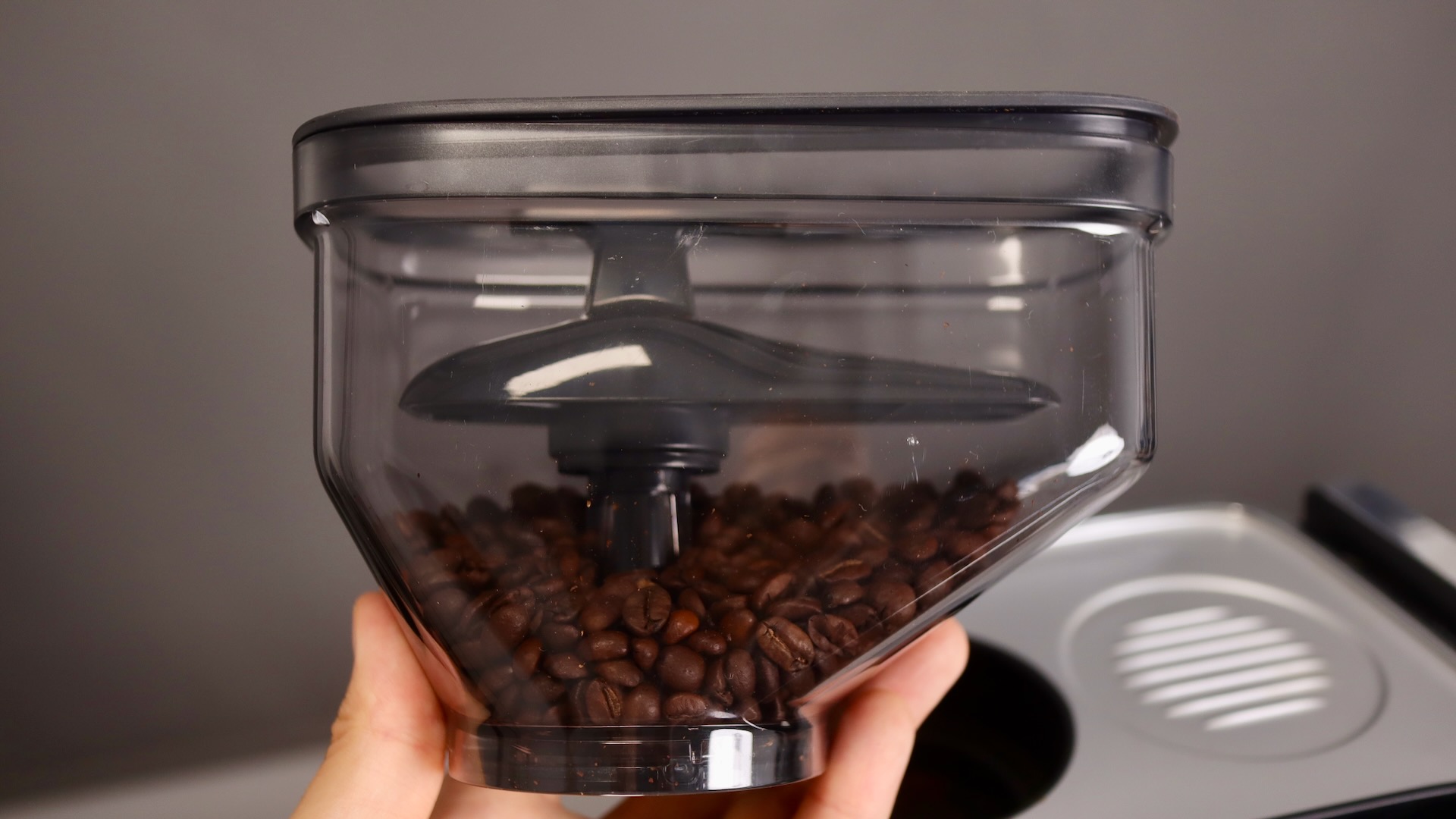 Clear bean container on the Ninja Luxe Cafe Mini Plus